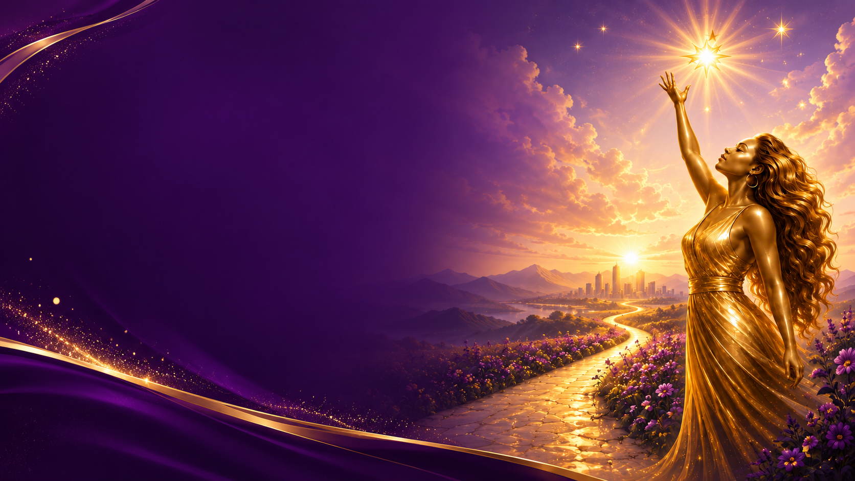 A golden figure reaching toward a radiant star over a purple and gold landscape, symbolizing hope and empowerment